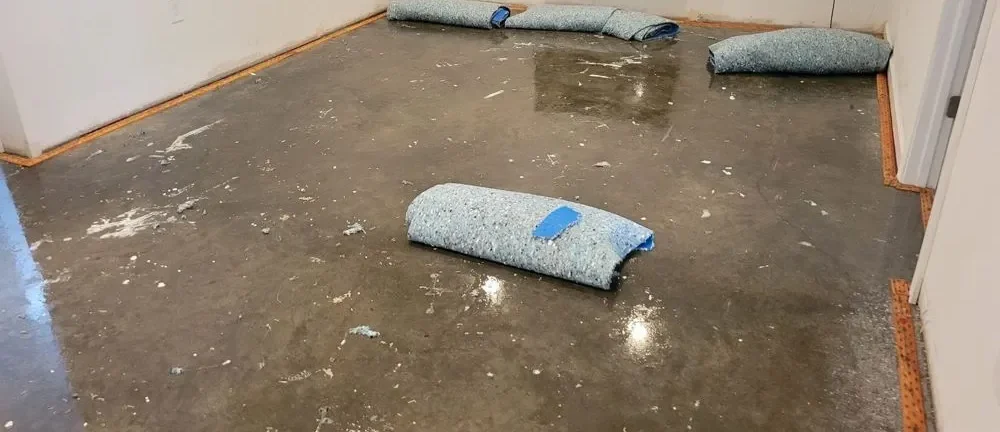 Concrete floor showing water damage with removed carpet padding during water damage cleanup by MRC Restoration.