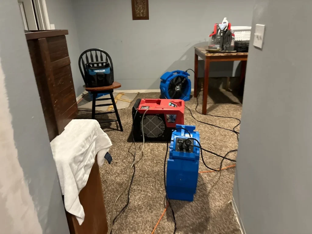 Professional water damage drying equipment used for restoration in Farmington, MO, by MRC Restoration.