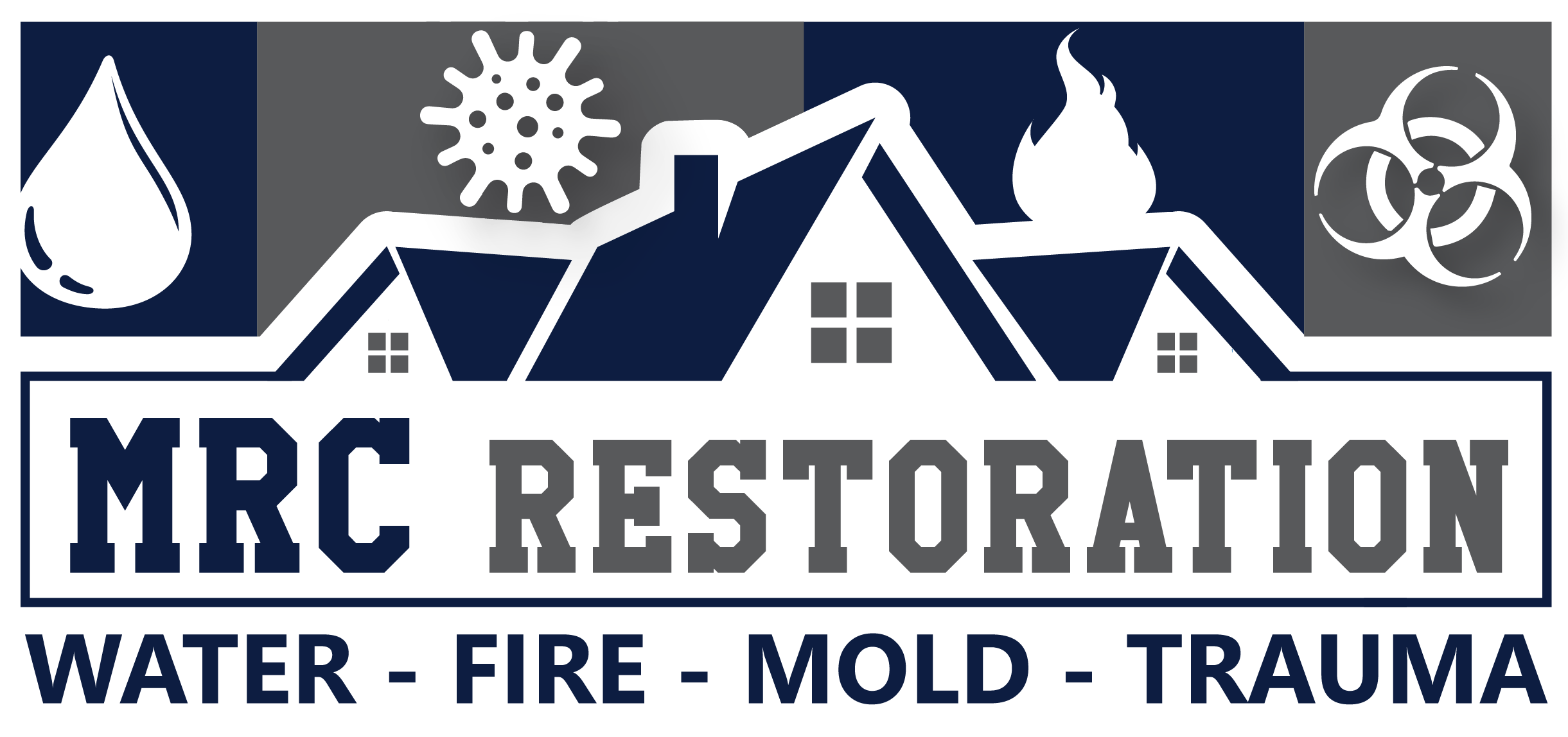 A logo for MRC Restoration featuring a house silhouette with icons representing water, mold, fire, and trauma services. Text includes 'MRC Restoration' and 'Water - Fire - Mold - Trauma' below the house graphic.