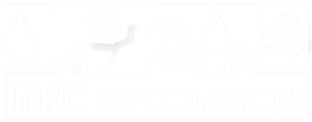 MRC Restoration white logo featuring icons for water mold fire and biohazard symbolizing comprehensive restoration services