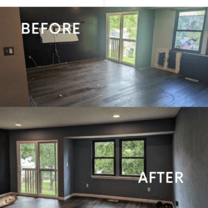 Before and after photos of fire damage cleanup in Barnhart, Missouri, showing a restored space after soot and debris removal.