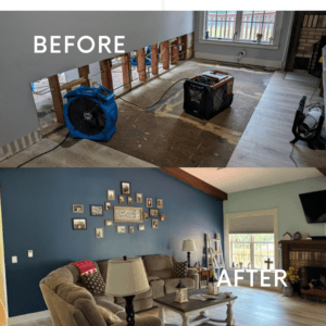 Before and after photos of water damage cleanup in Bonne Terre, Missouri, showing a fully dried and cleaned space.