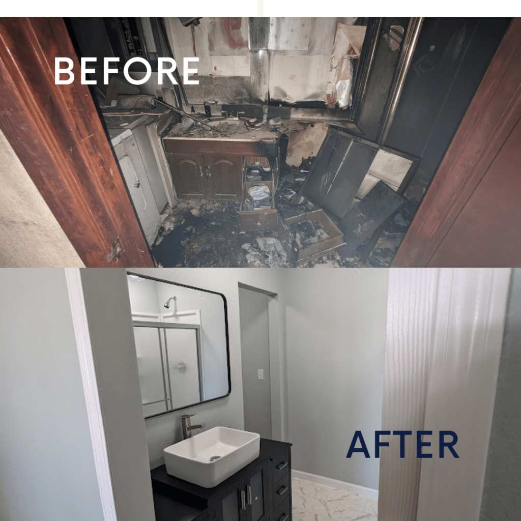 Before and after photos of fire damage cleanup in Desloge, Missouri, highlighting soot removal and restored cleanliness.