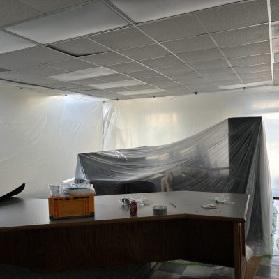 Extensive mold growth on the wall of a government building requiring professional commercial mold remediation services.