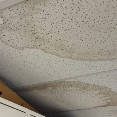 Roof leak water damage visible on ceiling tiles in an office space.