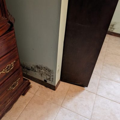 Visible mold growth on a basement wall near wooden furniture, requiring professional basement mold remediation by MRC Restoration.