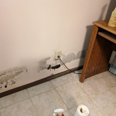 Mold damage on a basement wall near an electrical outlet, showcasing the importance of professional basement mold remediation by MRC Restoration.