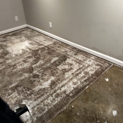 Partially soaked carpet in a flooded basement.