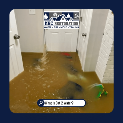 Flooded hallway with standing water caused by Category 2 water damage, showing contamination risks and need for professional cleanup by MRC Restoration.